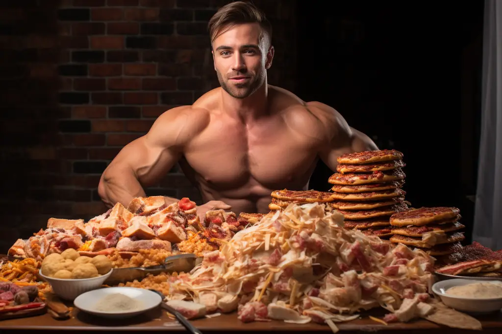 a muscular man eating pizza to build muscle