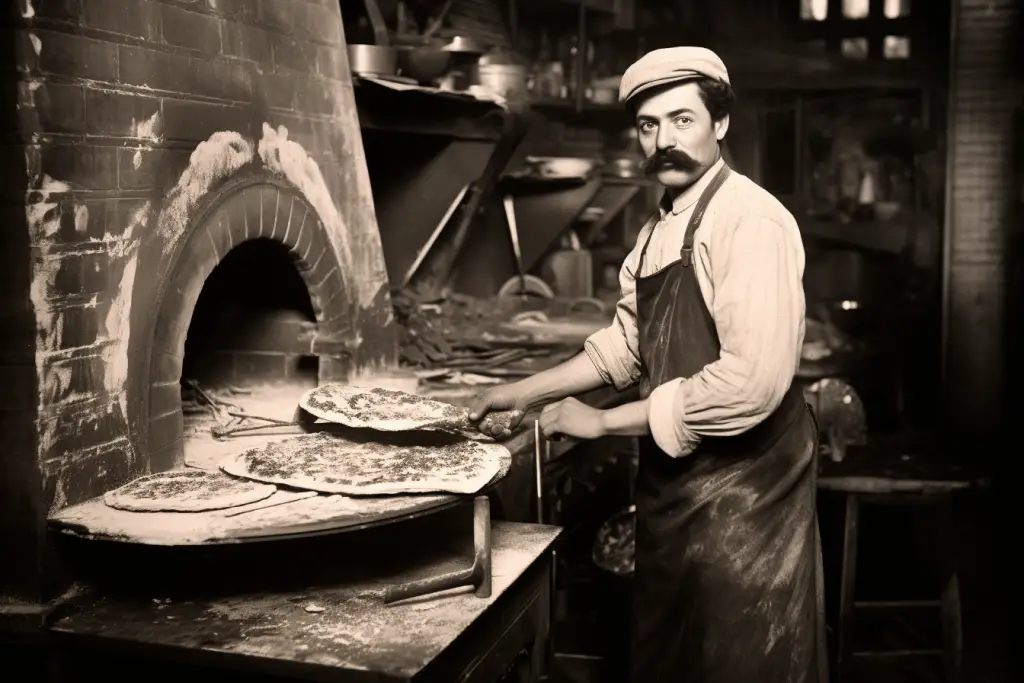 a man making pizza in the late 1880's